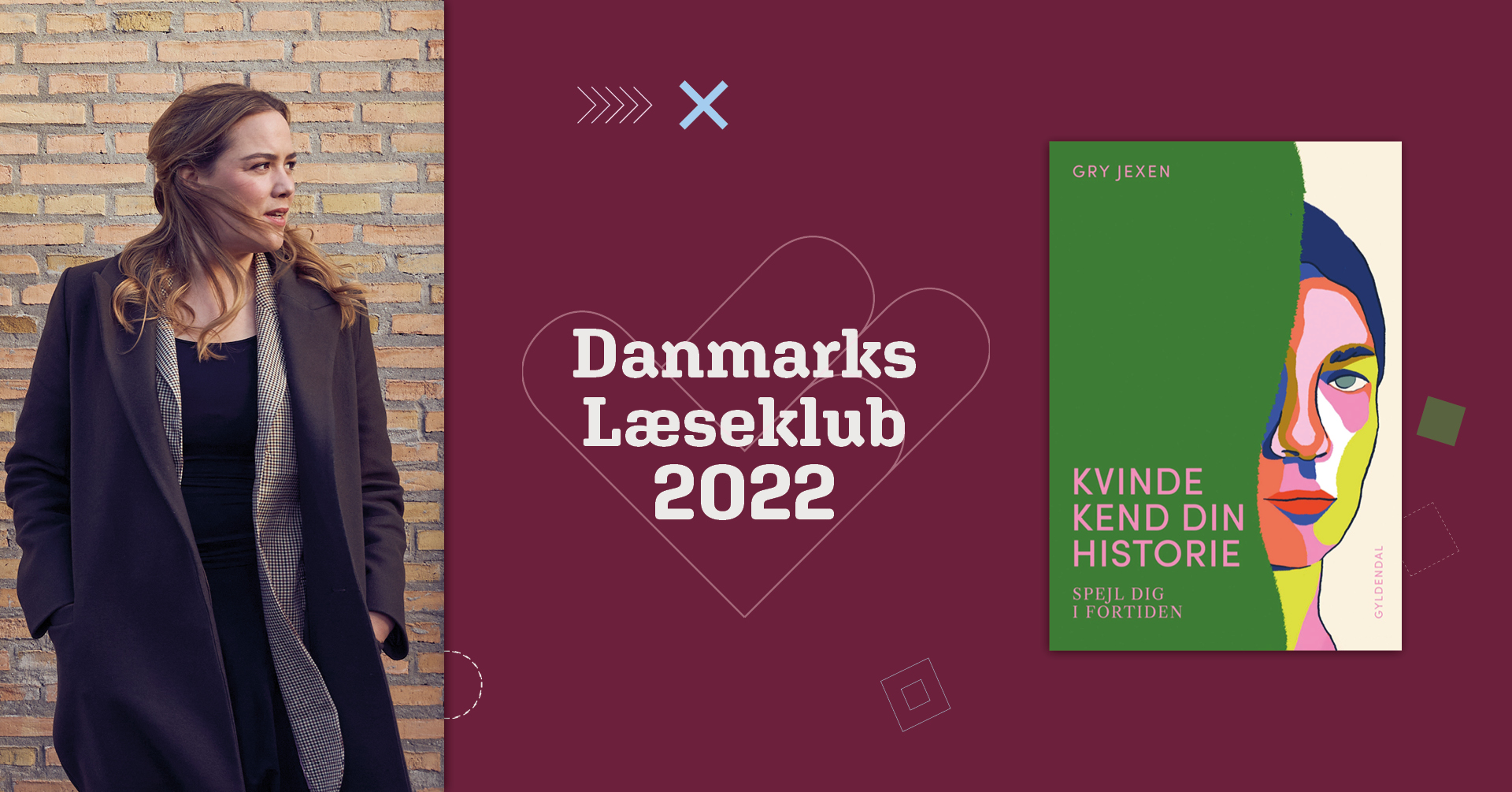Gry Jexen står med blæst i håret og kigger til højre. Her ses Danmarks Læseklub 2022's logo og forsiden af "Kvinde kend din historie".